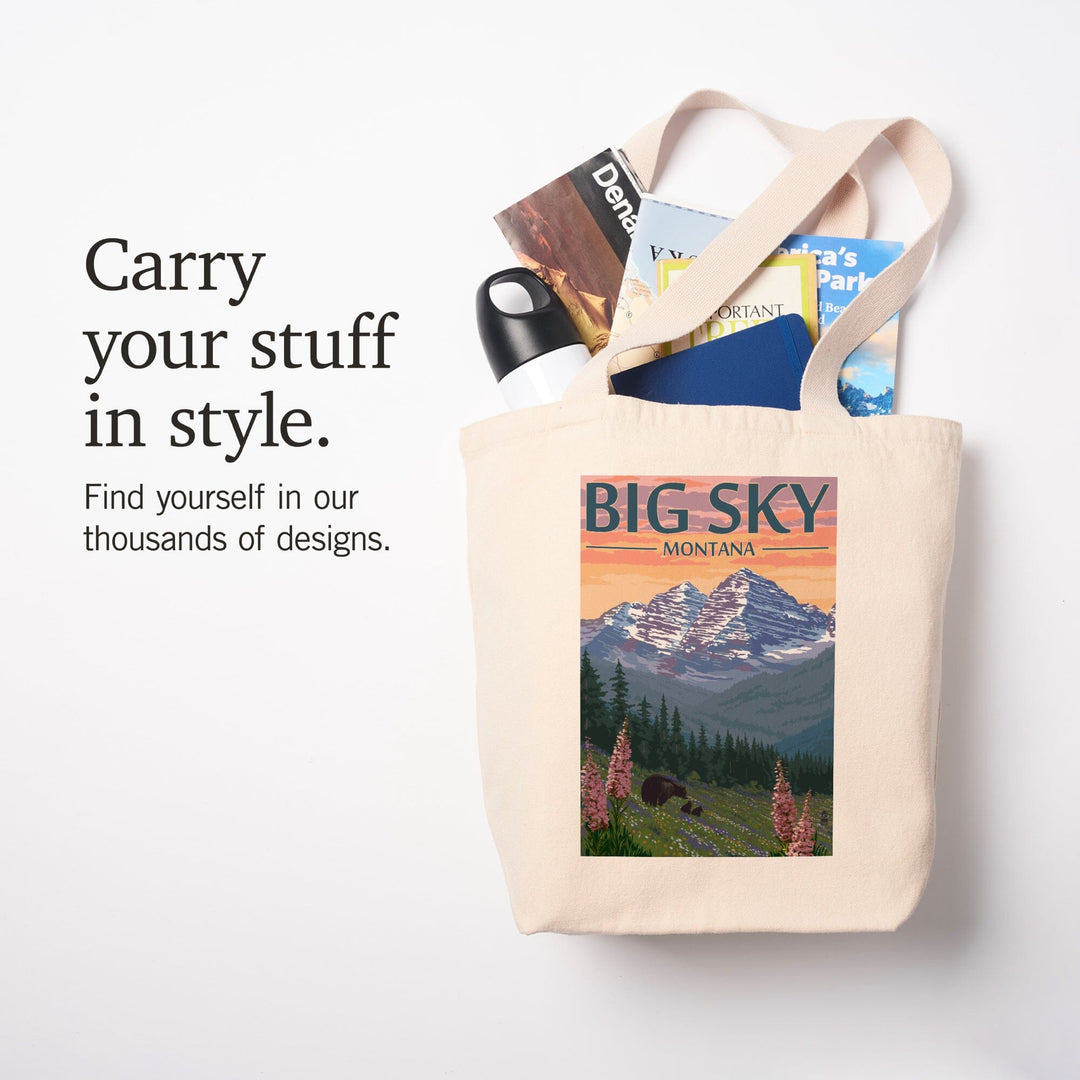 Big Sky, Montana, Bear & Spring Flowers, Lantern Press Artwork, Tote Bag Totes Lantern Press 