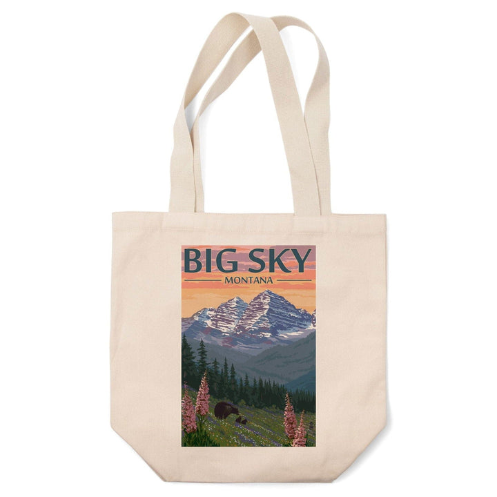 Big Sky, Montana, Bear & Spring Flowers, Lantern Press Artwork, Tote Bag Totes Lantern Press 