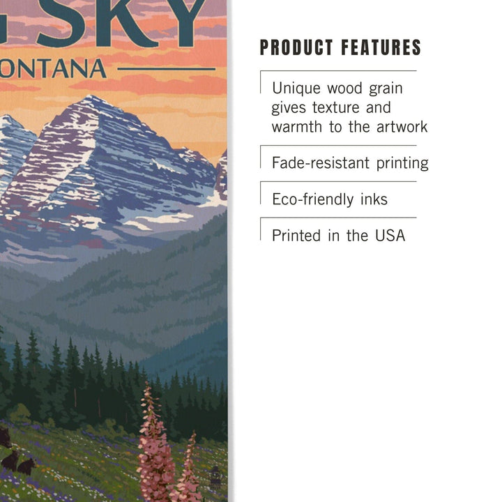 Big Sky, Montana, Bear & Spring Flowers, Lantern Press Artwork, Wood Signs and Postcards Wood Lantern Press 