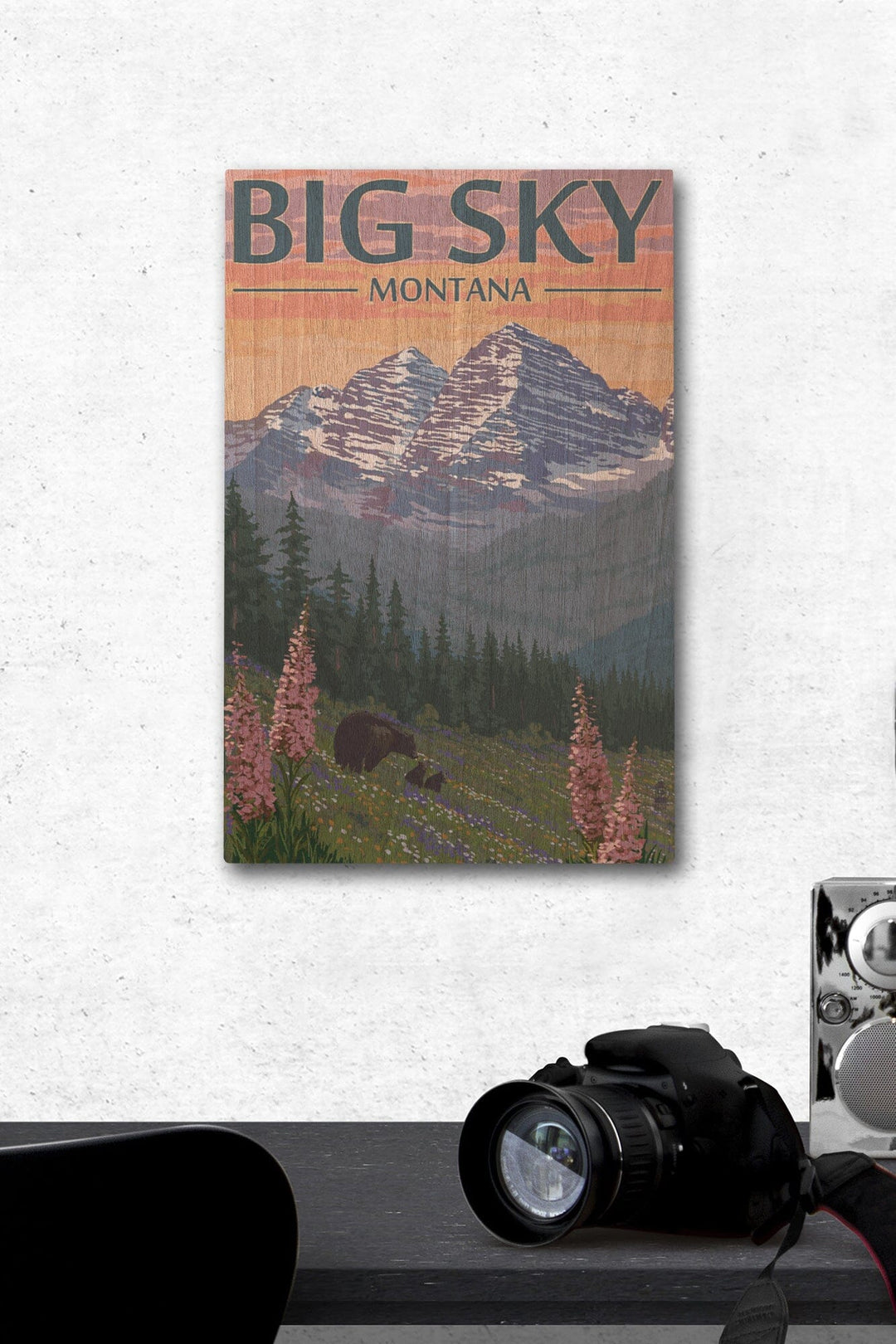 Big Sky, Montana, Bear & Spring Flowers, Lantern Press Artwork, Wood Signs and Postcards Wood Lantern Press 12 x 18 Wood Gallery Print 