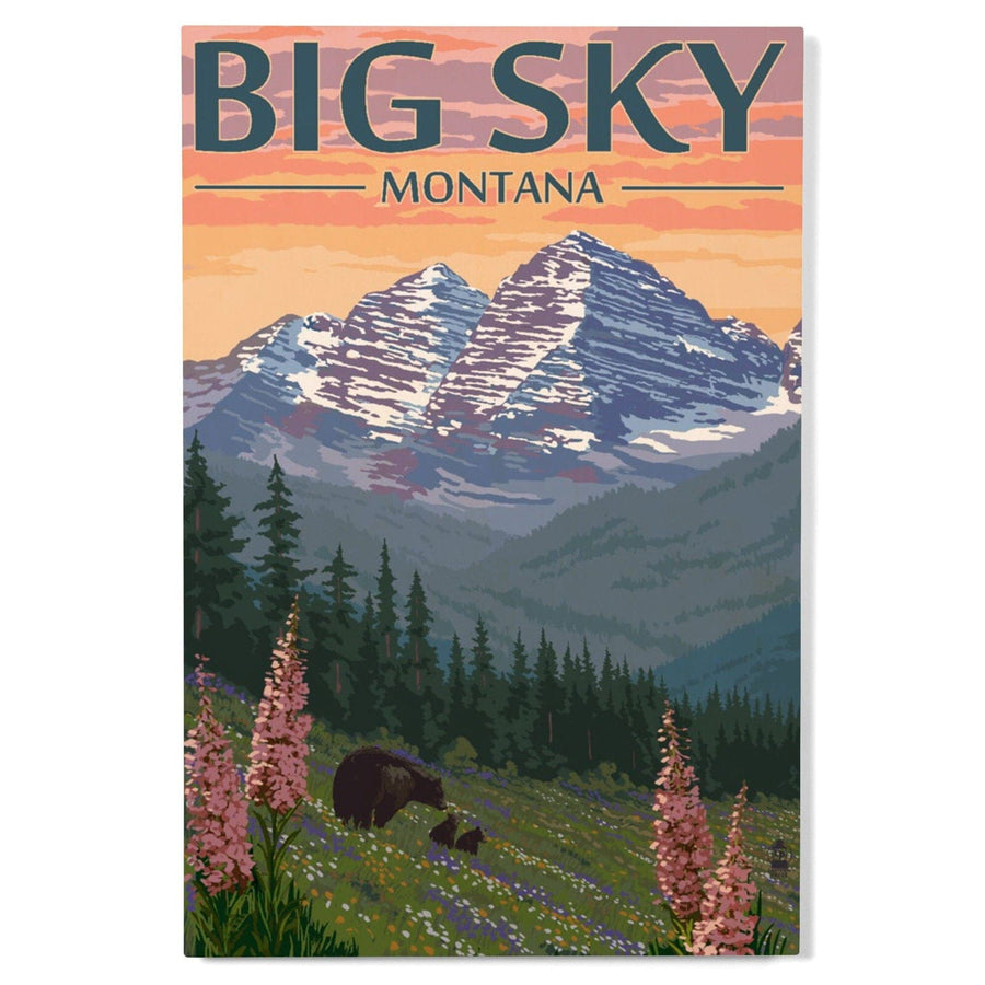 Big Sky, Montana, Bear & Spring Flowers, Lantern Press Artwork, Wood Signs and Postcards Wood Lantern Press 