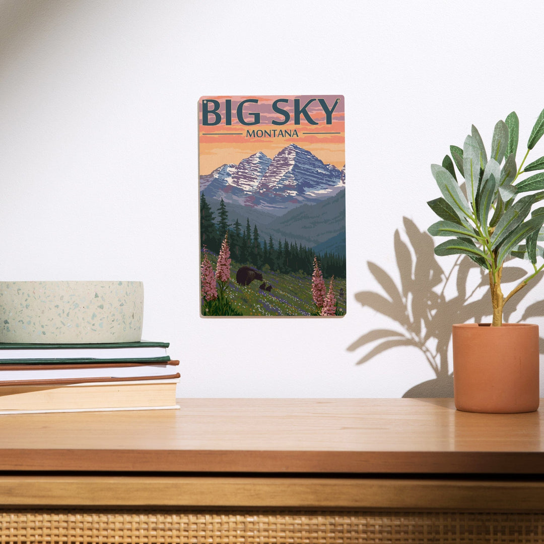 Big Sky, Montana, Bear & Spring Flowers, Lantern Press Artwork, Wood Signs and Postcards Wood Lantern Press 
