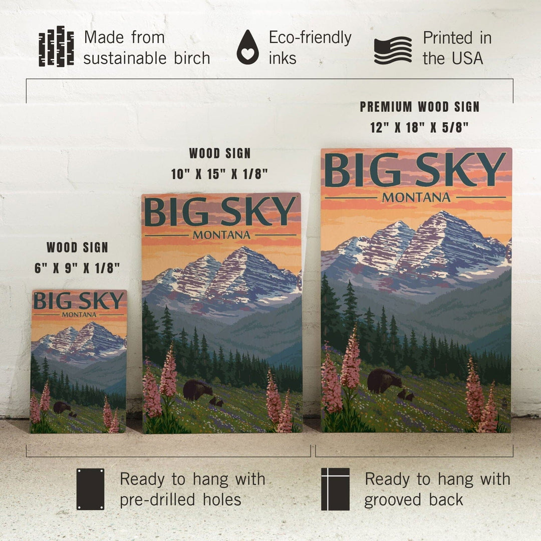 Big Sky, Montana, Bear & Spring Flowers, Lantern Press Artwork, Wood Signs and Postcards Wood Lantern Press 