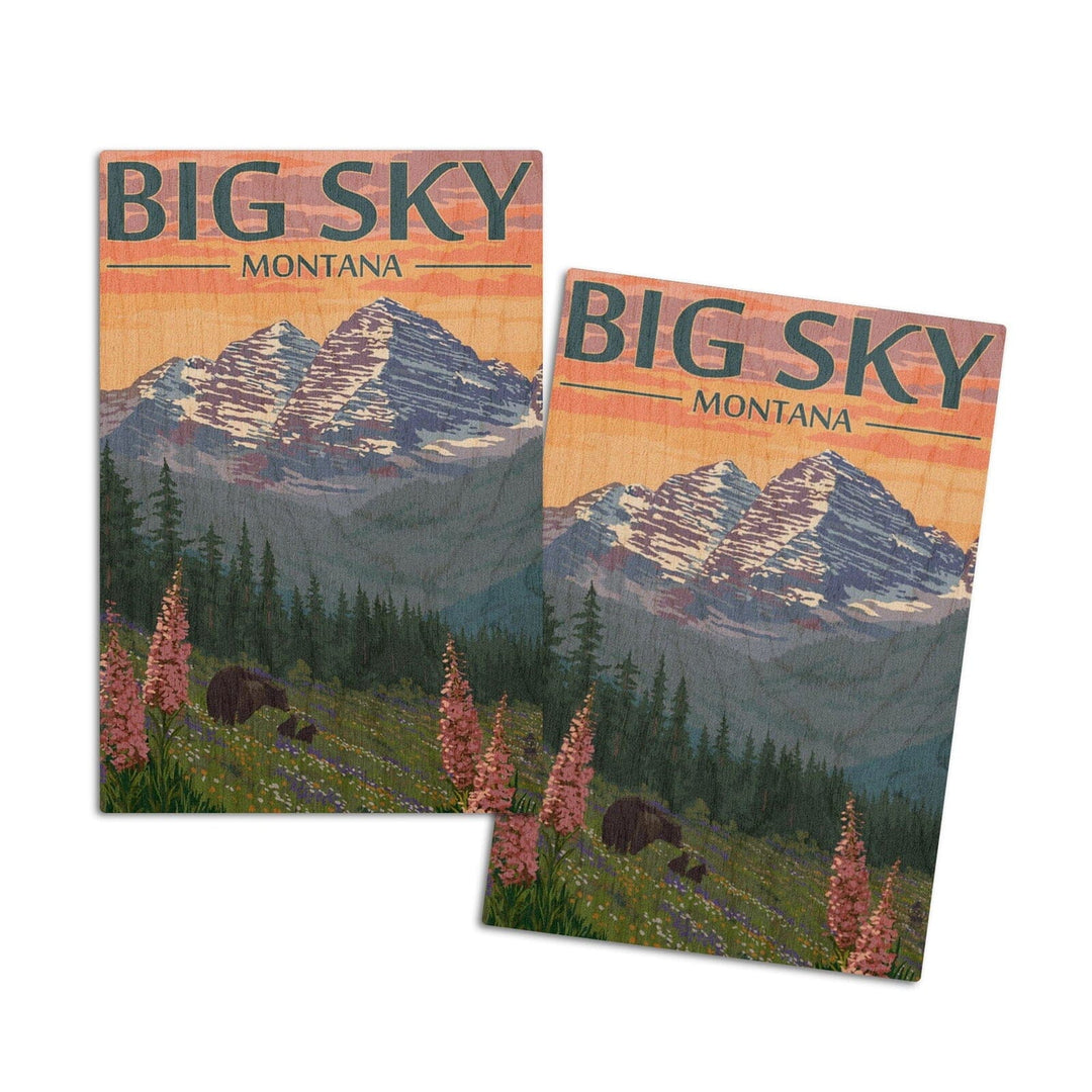 Big Sky, Montana, Bear & Spring Flowers, Lantern Press Artwork, Wood Signs and Postcards Wood Lantern Press 4x6 Wood Postcard Set 