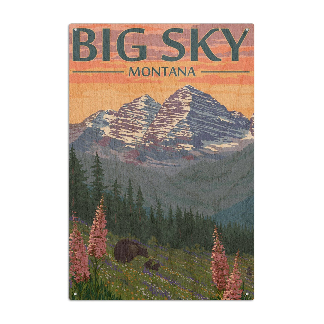 Big Sky, Montana, Bear & Spring Flowers, Lantern Press Artwork, Wood Signs and Postcards Wood Lantern Press 6x9 Wood Sign 