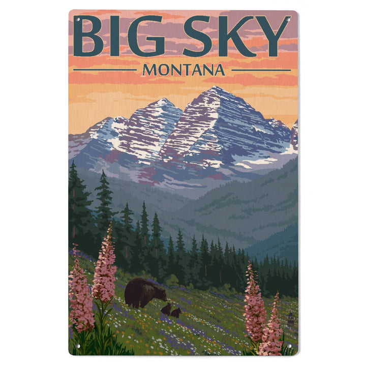 Big Sky, Montana, Bear & Spring Flowers, Lantern Press Artwork, Wood Signs and Postcards Wood Lantern Press 