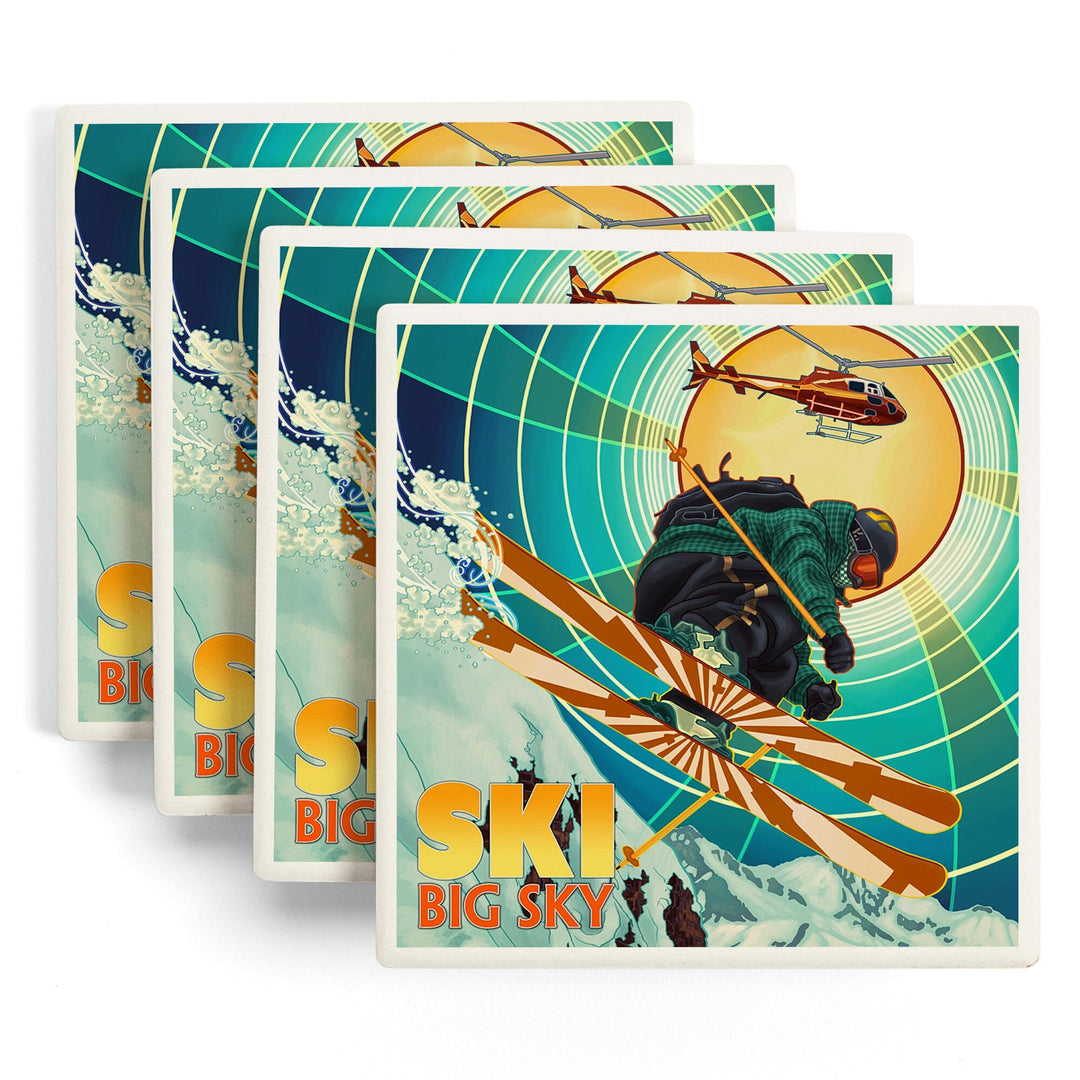 Big Sky, Montana, Heli-Skiing, Lantern Press Artwork, Coaster Set - Lantern Press