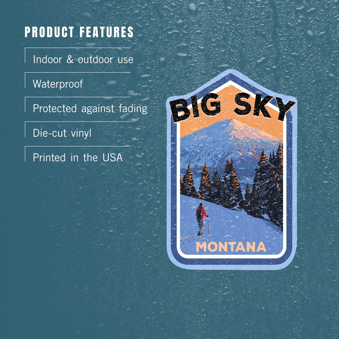 Big Sky, Montana, Mt. Bachelor and Skier, Contour, Vinyl Sticker - Lantern Press