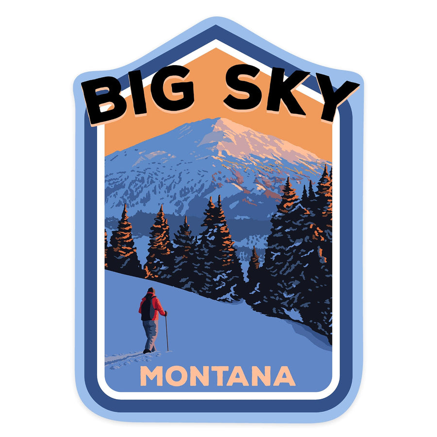 Big Sky, Montana, Mt. Bachelor and Skier, Contour, Vinyl Sticker - Lantern Press