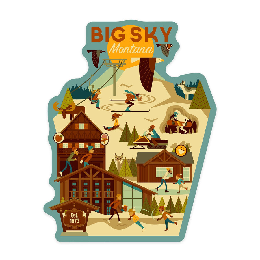 Big Sky, Montana, Ski Resort, Geometric, Contour, Vinyl Sticker Sticker Lantern Press 