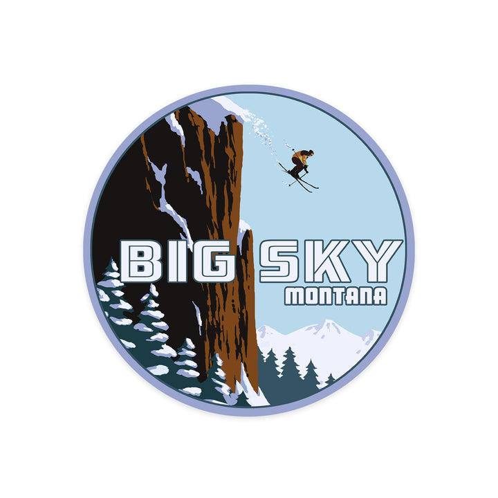 Big Sky, Montana, Skier Jumping, Contour, Vinyl Sticker Sticker Lantern Press 