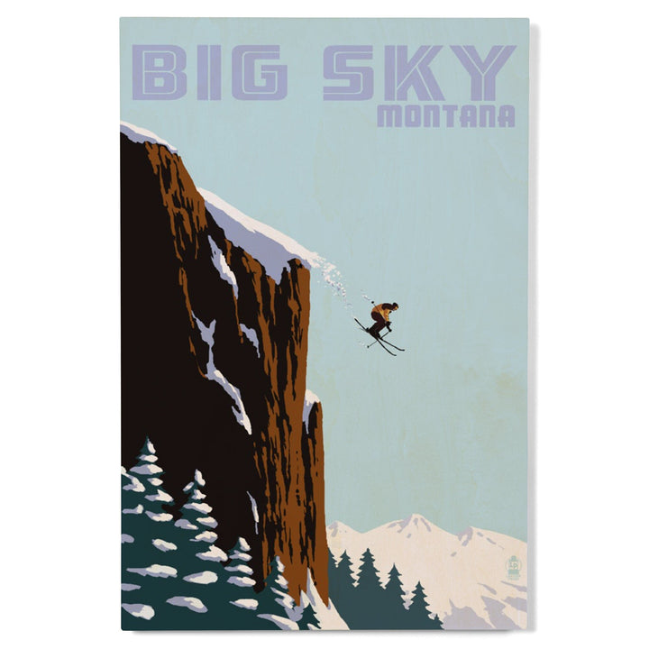 Big Sky, Montana, Skier Jumping, Lantern Press Artwork, Wood Signs and Postcards Wood Lantern Press 