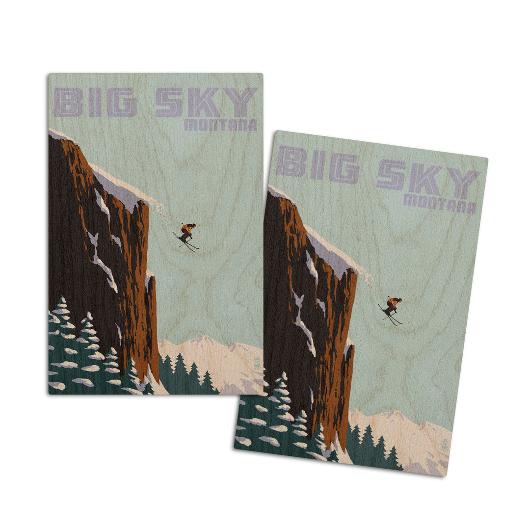 Big Sky, Montana, Skier Jumping, Lantern Press Artwork, Wood Signs and Postcards Wood Lantern Press 4x6 Wood Postcard Set 