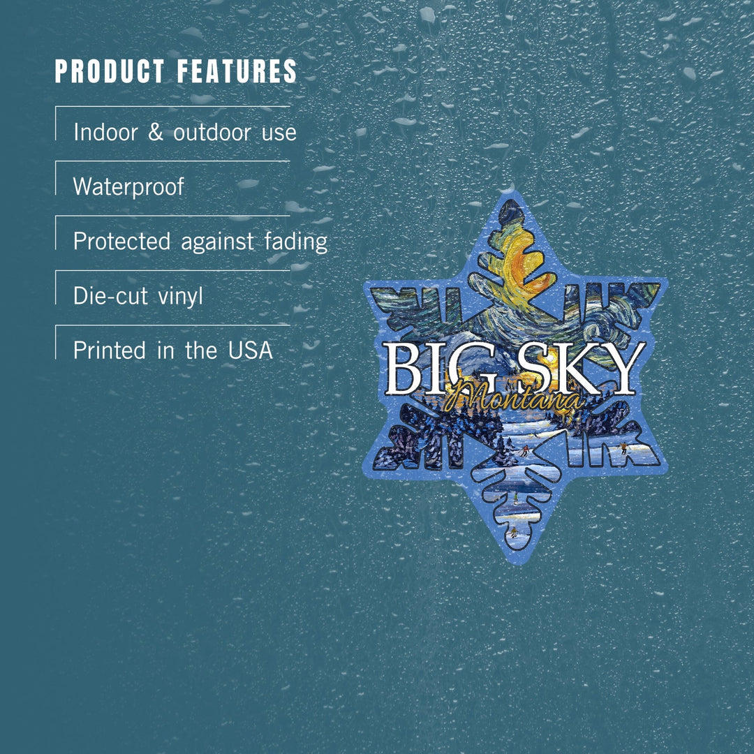 Big Sky, Montana, Starry Night, Snowflake, Contour, Vinyl Sticker - Lantern Press