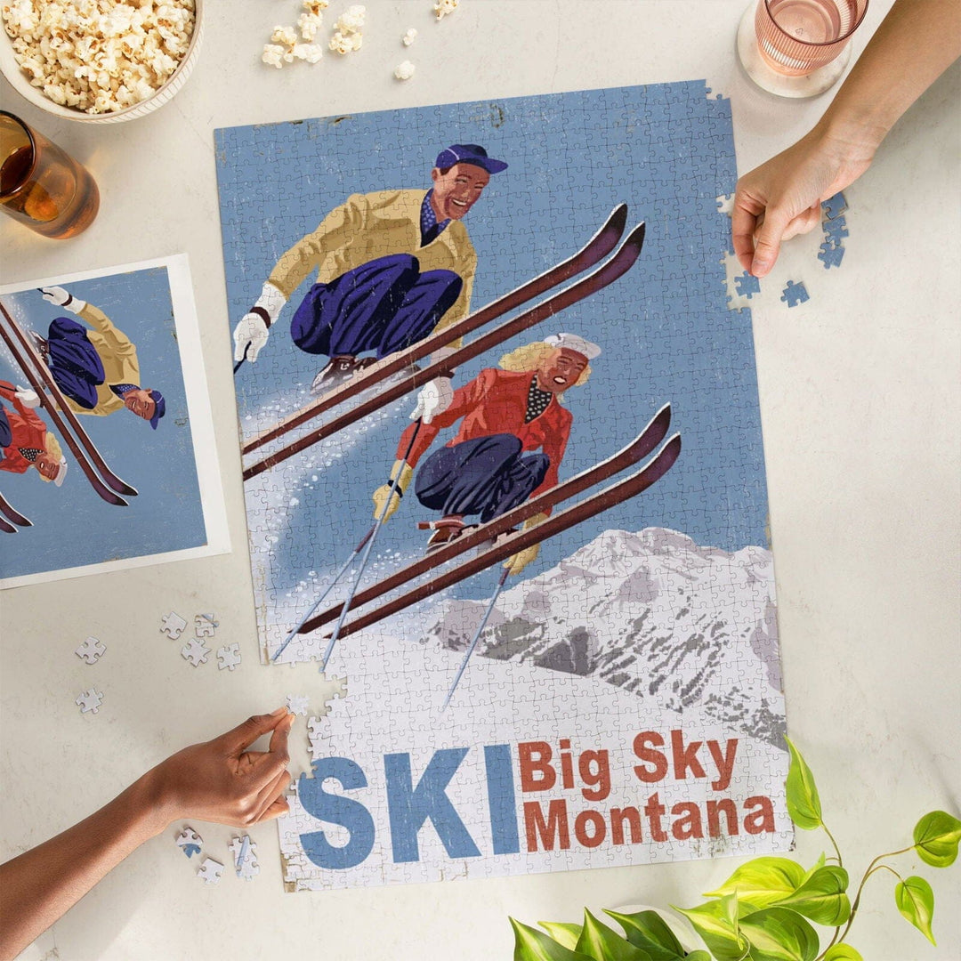 Big Sky Montana, Vintage Skiers, Jigsaw Puzzle Puzzle Lantern Press 