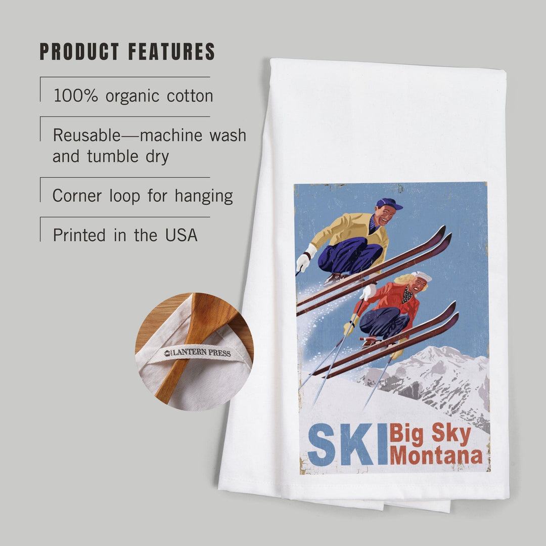 Big Sky Montana, Vintage Skiers, Organic Cotton Kitchen Tea Towels Kitchen Lantern Press 
