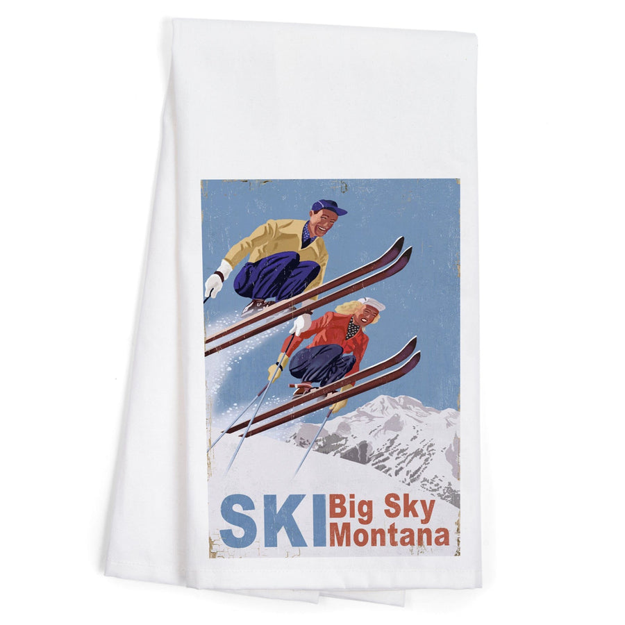 Big Sky Montana, Vintage Skiers, Organic Cotton Kitchen Tea Towels Kitchen Lantern Press 
