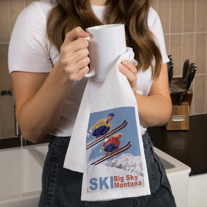 Big Sky Montana, Vintage Skiers, Organic Cotton Kitchen Tea Towels Kitchen Lantern Press 