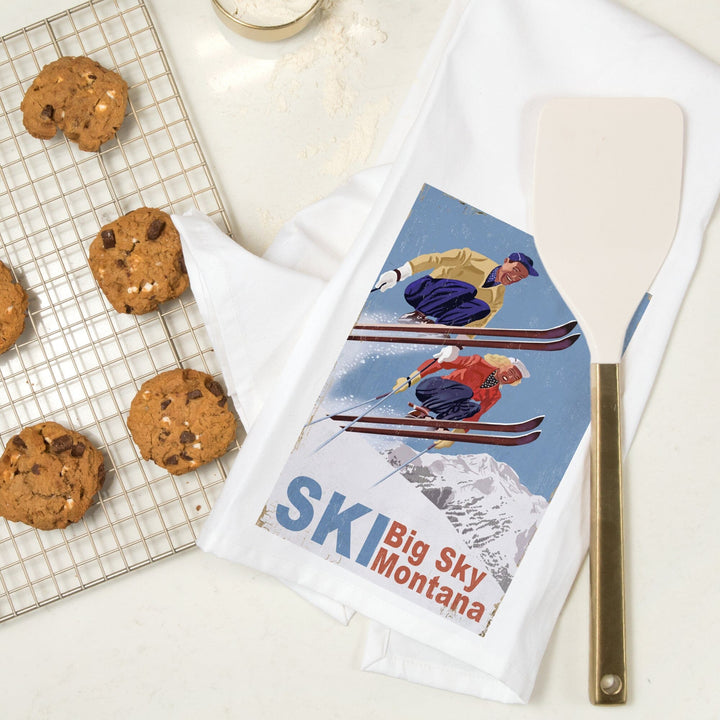 Big Sky Montana, Vintage Skiers, Organic Cotton Kitchen Tea Towels Kitchen Lantern Press 