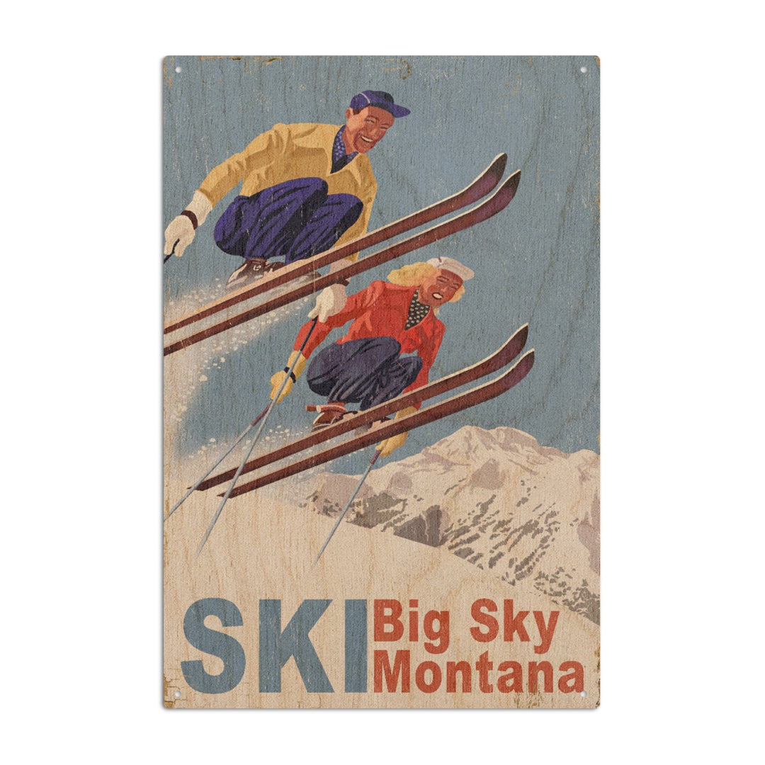 Big Sky Montana, Vintage Skiers, Wood Signs and Postcards Wood Lantern Press 10 x 15 Wood Sign 