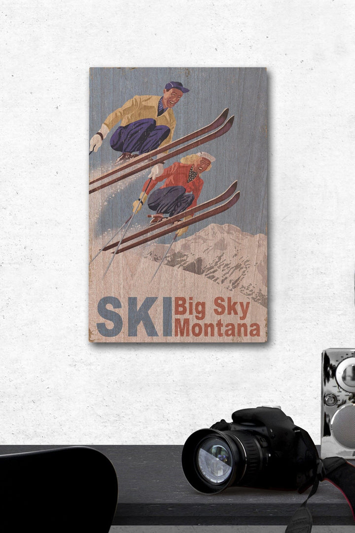Big Sky Montana, Vintage Skiers, Wood Signs and Postcards Wood Lantern Press 12 x 18 Wood Gallery Print 
