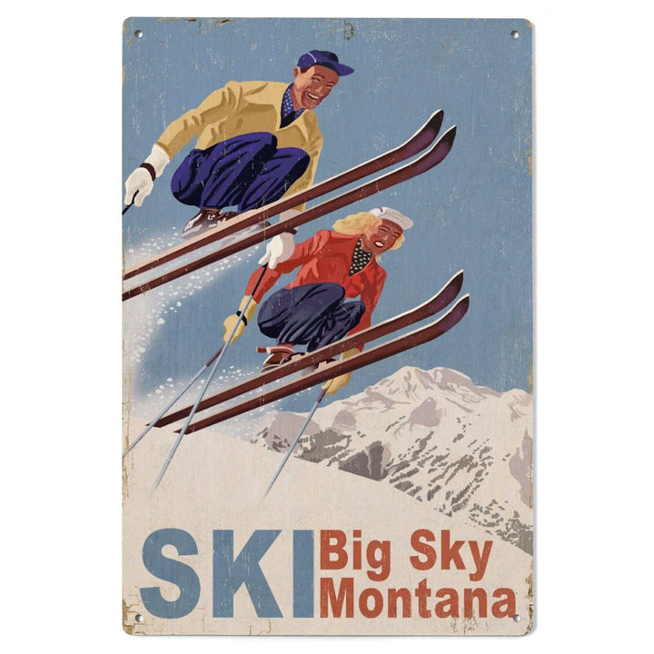 Big Sky Montana, Vintage Skiers, Wood Signs and Postcards Wood Lantern Press 