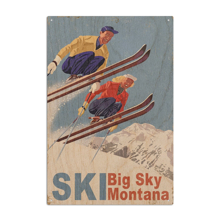 Big Sky Montana, Vintage Skiers, Wood Signs and Postcards Wood Lantern Press 6x9 Wood Sign 