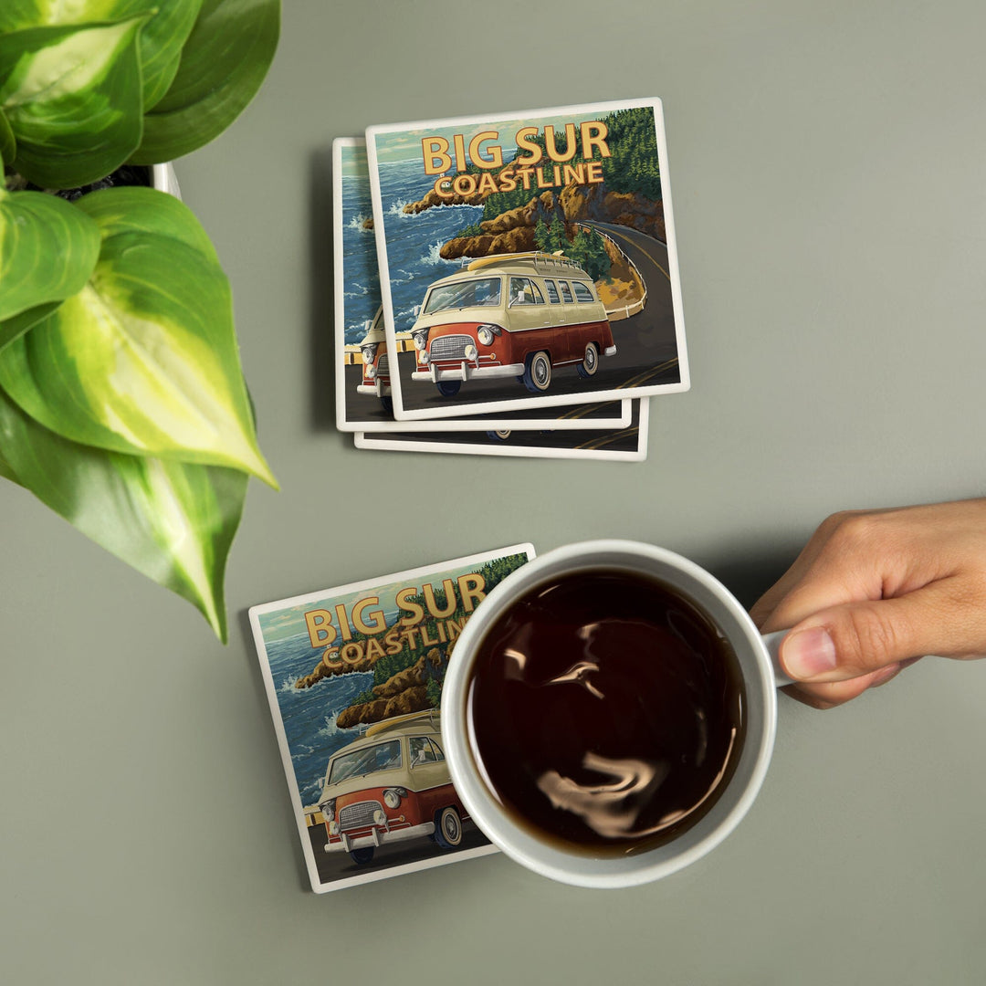 Big Sur, California, Camper Van, Lantern Press Artwork, Coaster Set - Lantern Press