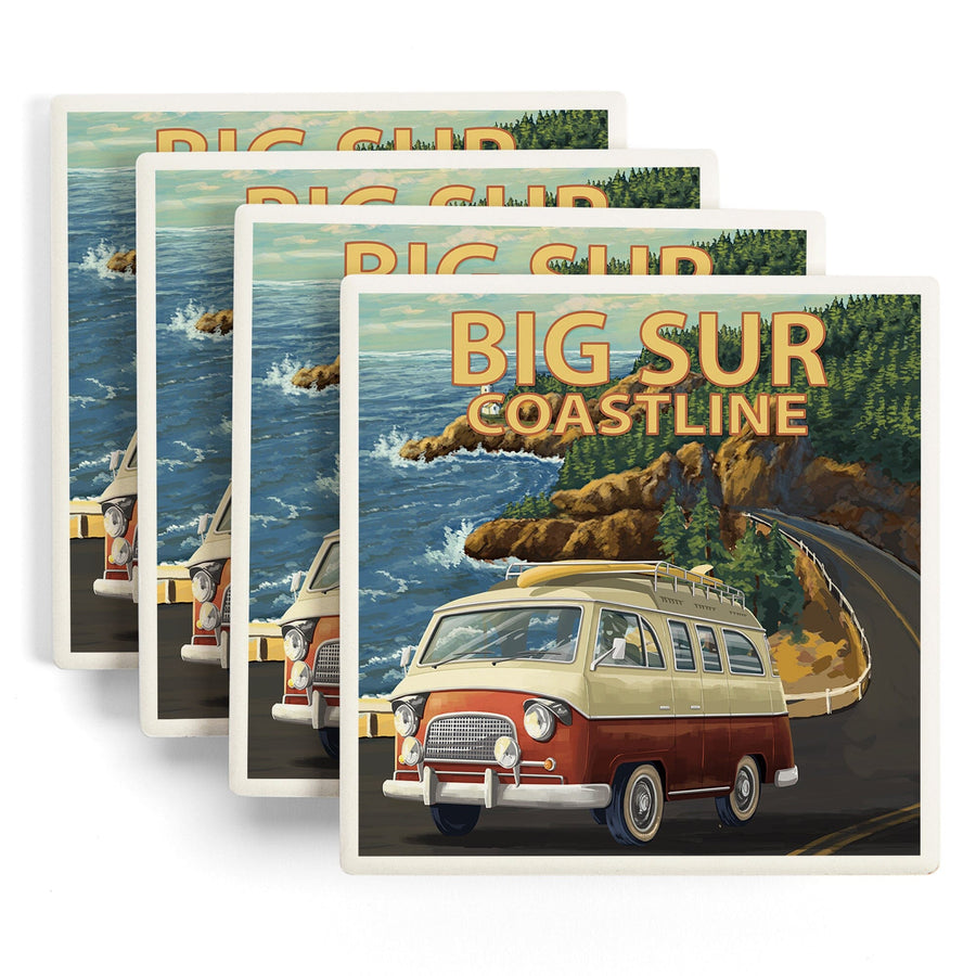 Big Sur, California, Camper Van, Lantern Press Artwork, Coaster Set - Lantern Press