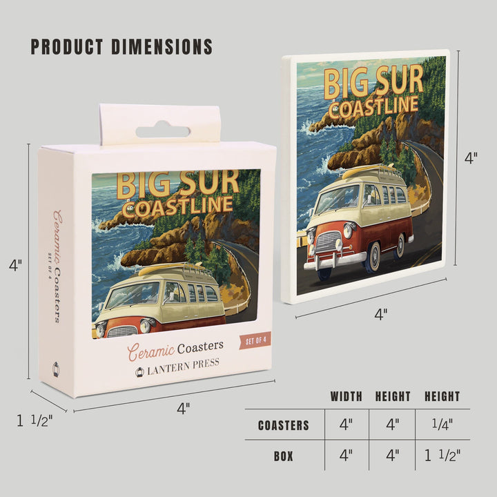 Big Sur, California, Camper Van, Lantern Press Artwork, Coaster Set - Lantern Press