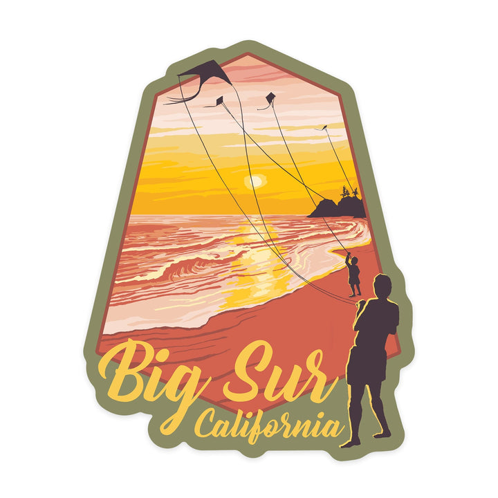 Big Sur, California, Kite Flyers at Sunset, Contour, Lantern Press Artwork, Vinyl Sticker - Lantern Press