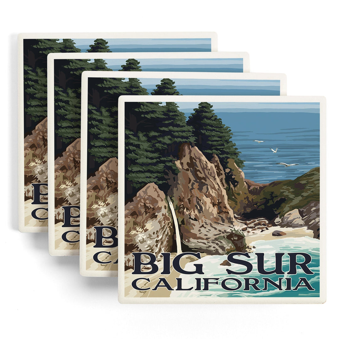 Big Sur, California, McWay Falls, Lantern Press Artwork, Coaster Set - Lantern Press