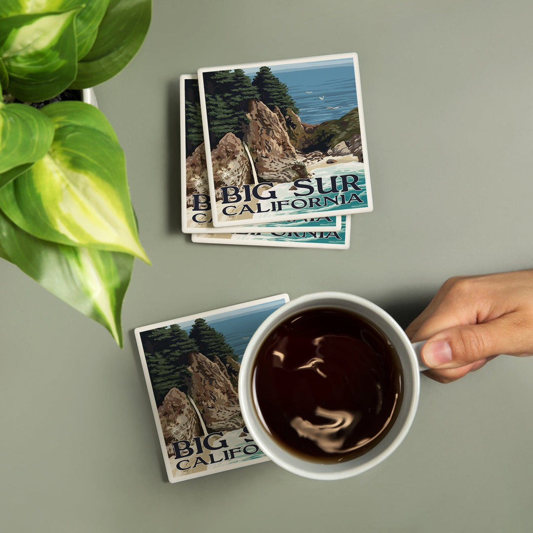 Big Sur, California, McWay Falls, Lantern Press Artwork, Coaster Set - Lantern Press