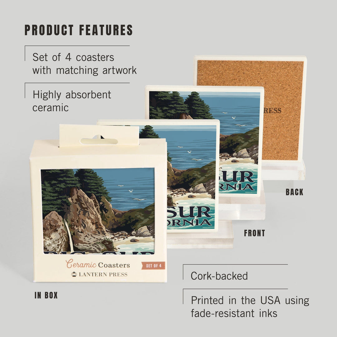 Big Sur, California, McWay Falls, Lantern Press Artwork, Coaster Set - Lantern Press