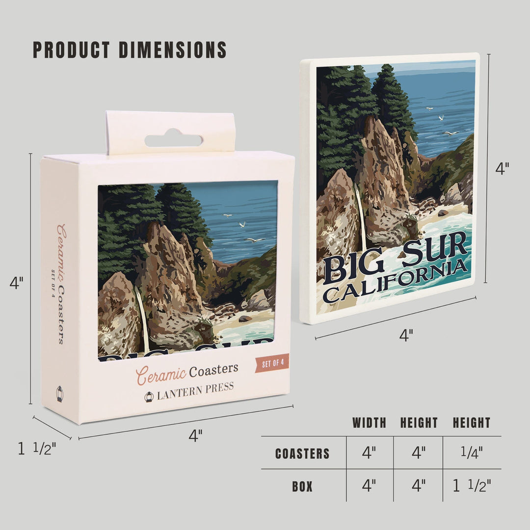 Big Sur, California, McWay Falls, Lantern Press Artwork, Coaster Set - Lantern Press