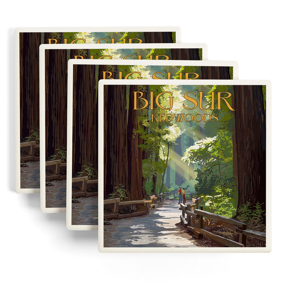 Big Sur, California, Pathway & Hikers, Lantern Press Artwork, Coaster Set - Lantern Press