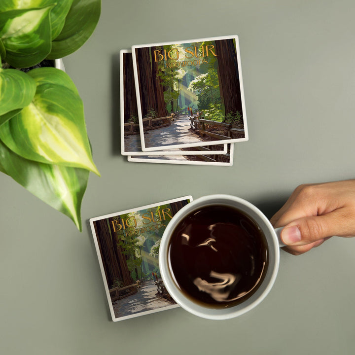 Big Sur, California, Pathway & Hikers, Lantern Press Artwork, Coaster Set - Lantern Press