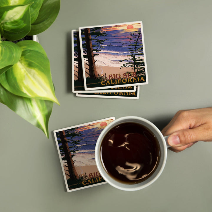 Big Sur, California, Surfing and Sunset, Lantern Press Artwork, Coaster Set - Lantern Press