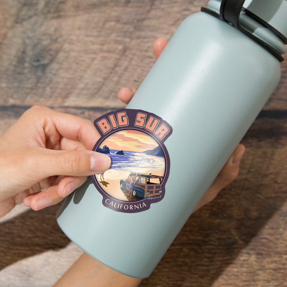 Big Sur, California, Woody on Beach, Contour, Vinyl Sticker Sticker Lantern Press 