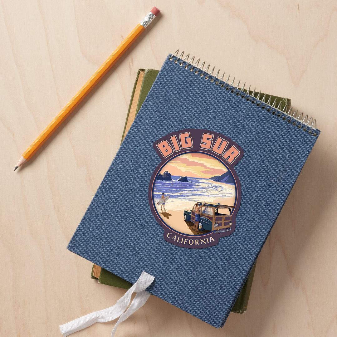 Big Sur, California, Woody on Beach, Contour, Vinyl Sticker - Lantern Press