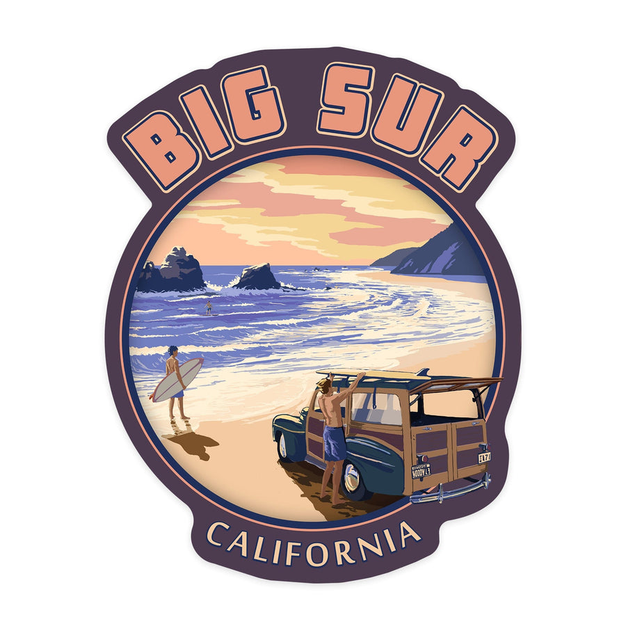 Big Sur, California, Woody on Beach, Contour, Vinyl Sticker Sticker Lantern Press 