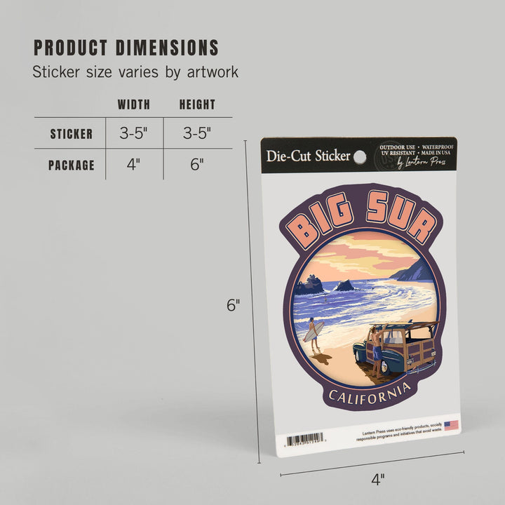 Big Sur, California, Woody on Beach, Contour, Vinyl Sticker - Lantern Press