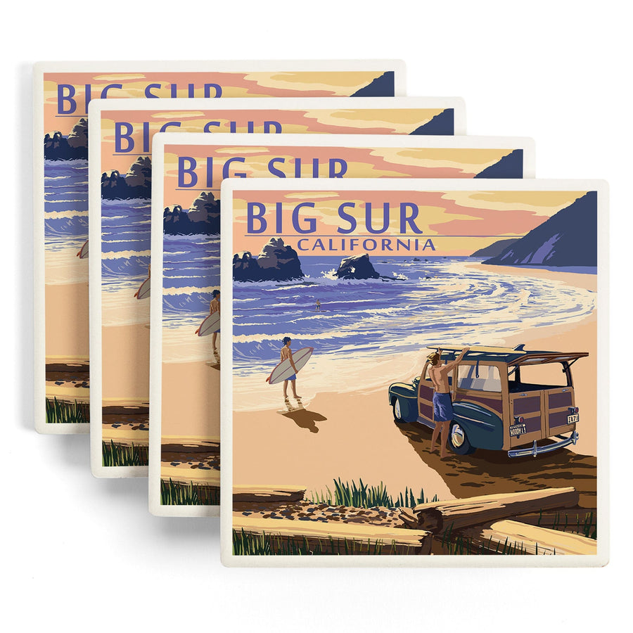 Big Sur, California, Woody on Beach, Lantern Press Artwork, Coaster Set - Lantern Press