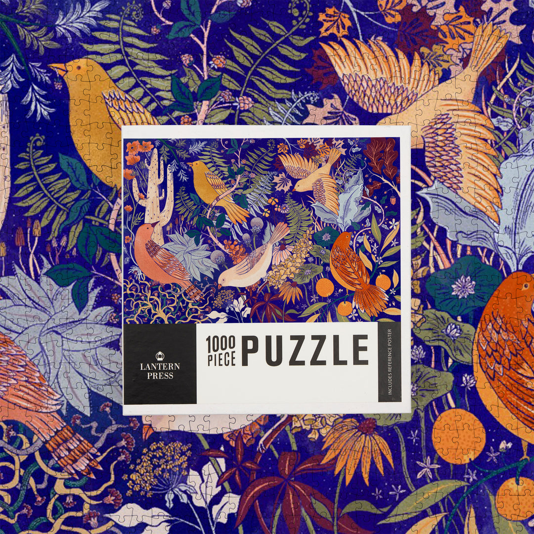 Birds and Blooms of North America, Cobalt, Jigsaw Puzzle Puzzle Lantern Press 