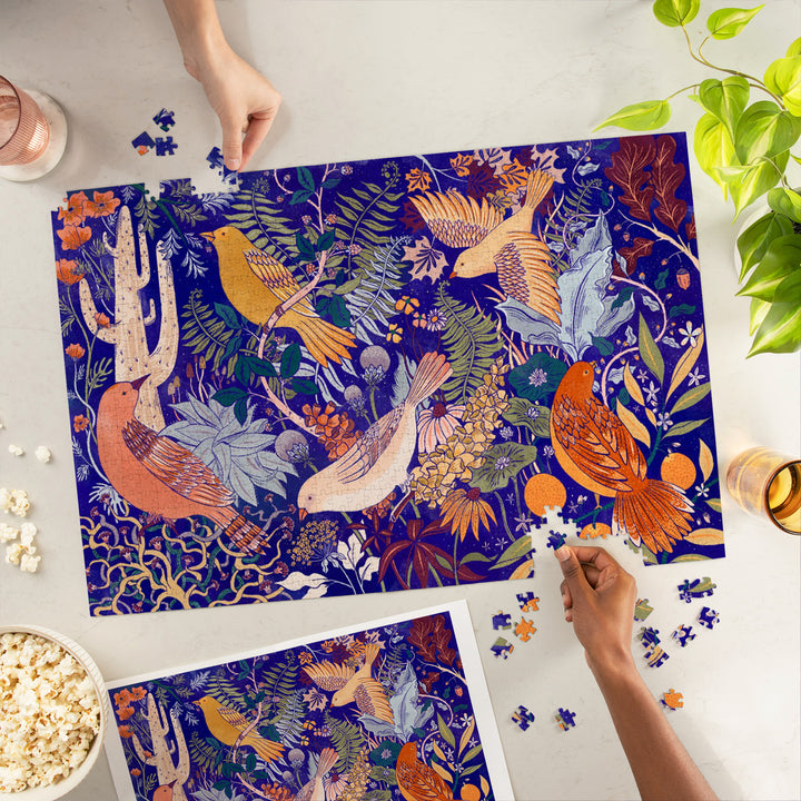 Birds and Blooms of North America, Cobalt, Jigsaw Puzzle Puzzle Lantern Press 