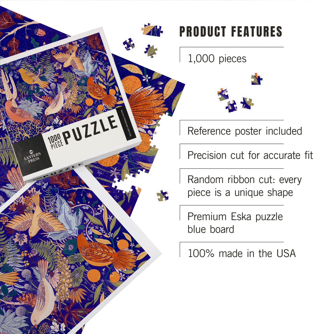 Birds and Blooms of North America, Cobalt, Jigsaw Puzzle Puzzle Lantern Press 