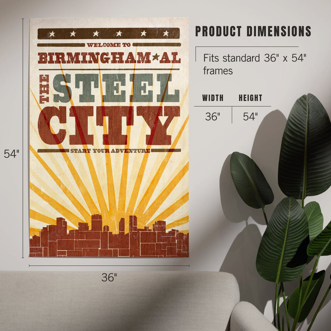 Birmingham, Alabama, Skyline and Sunburst Screenprint Style, Art & Giclee Prints Art Lantern Press 