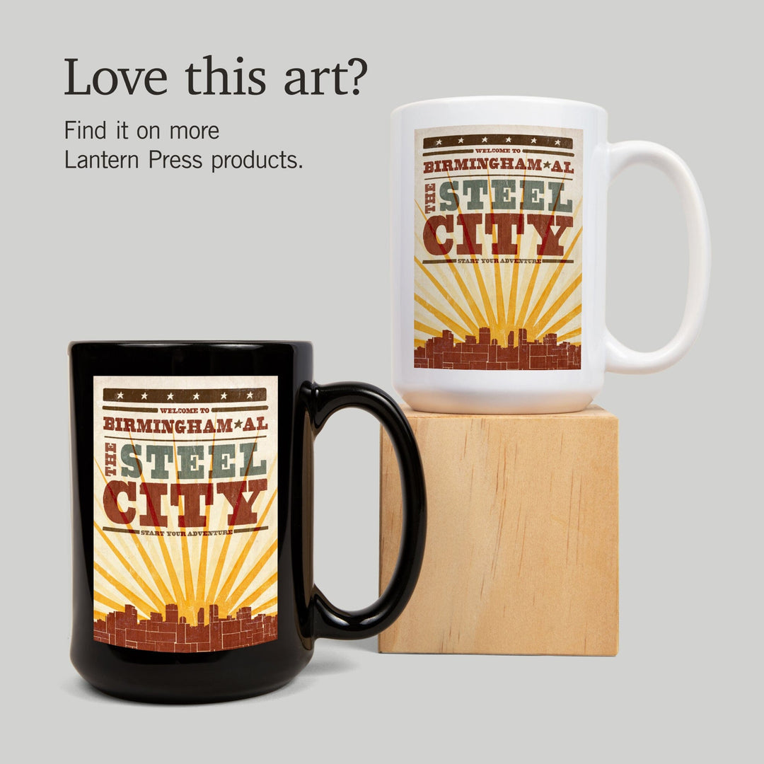 Birmingham, Alabama, Skyline & Sunburst Screenprint Style, Lantern Press Artwork, Ceramic Mug Mugs Lantern Press 