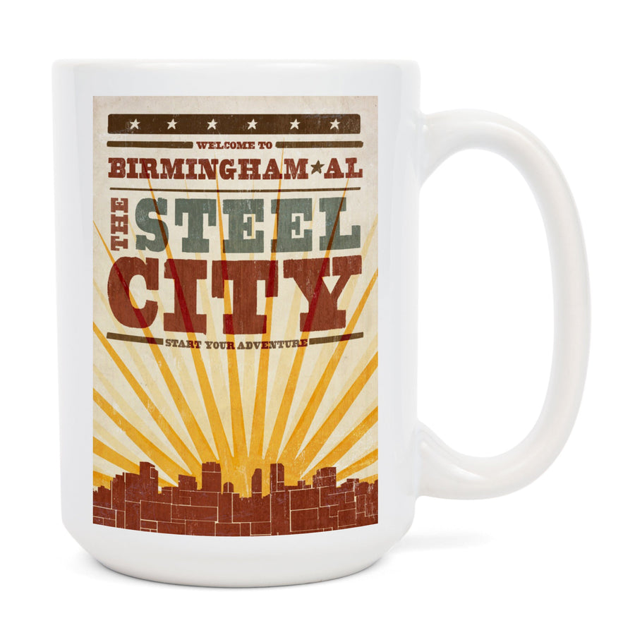 Birmingham, Alabama, Skyline & Sunburst Screenprint Style, Lantern Press Artwork, Ceramic Mug Mugs Lantern Press 