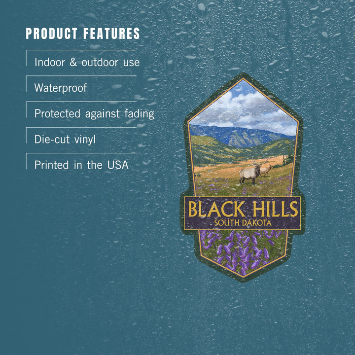 Black Hills, South Dakota, Elk & Flowers, Contour, Lantern Press Artwork, Vinyl Sticker Sticker Lantern Press 